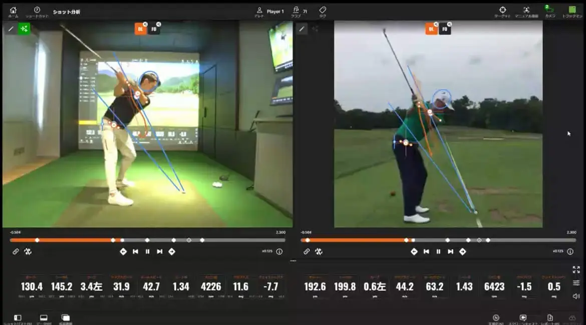 門前仲町駅近くの江東区インドアゴルフ練習場で、骨格認証AIモーションを使いスイングを解析するゴルファー